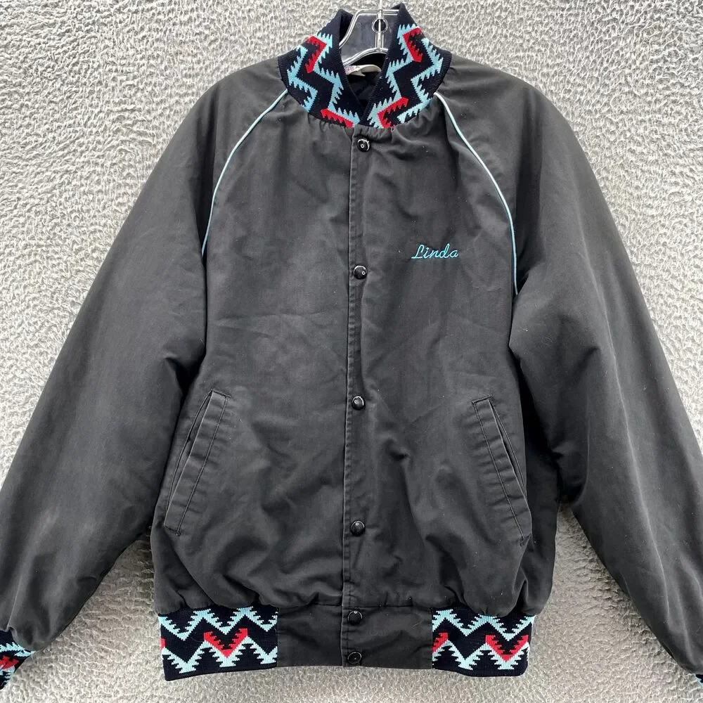 Vintage West Ark Bomber Jacket Medium Black Aztec‎ Southwestern Varsity USA Made